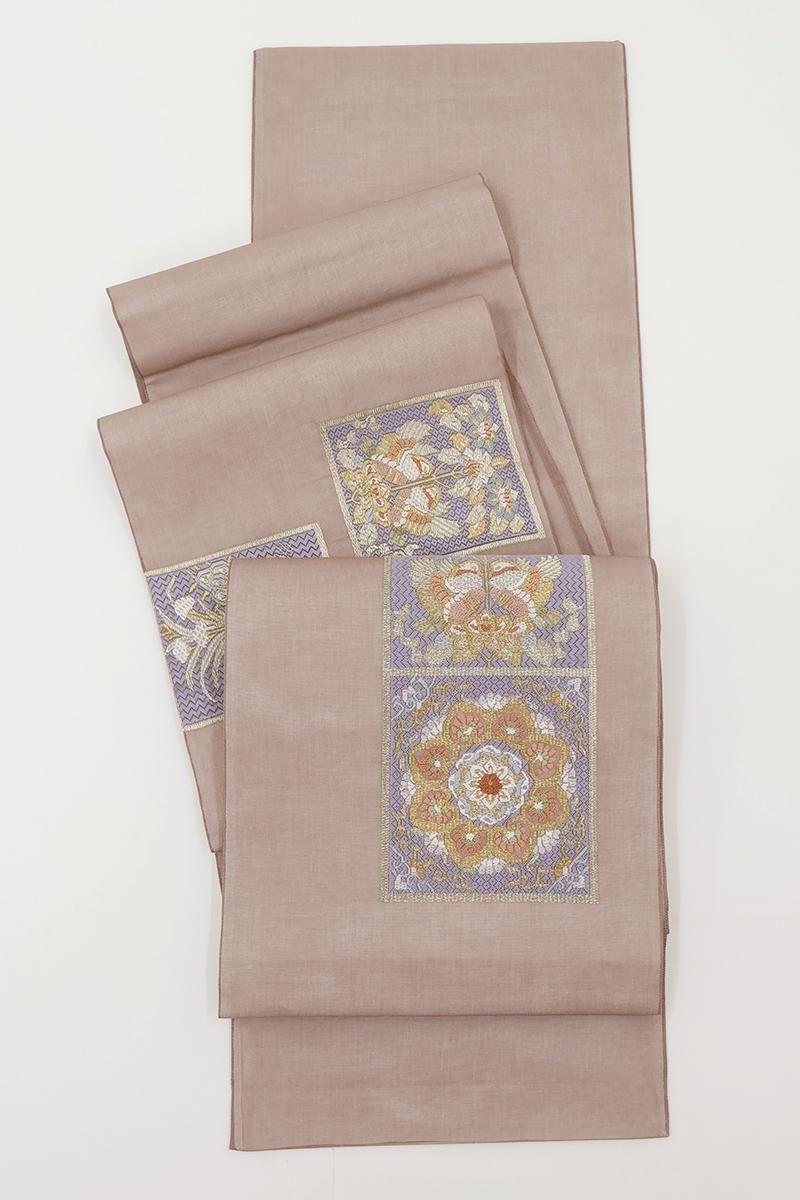 あおき【L-8290】紗 相良刺繍 袋帯 淡い梅鼠色 華文や双鳥文 - 銀座