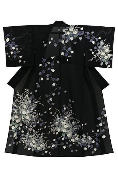 A5 美品 夏物 百合の花模様 黒色 化繊 薄物 夏用 絽 紗 小紋