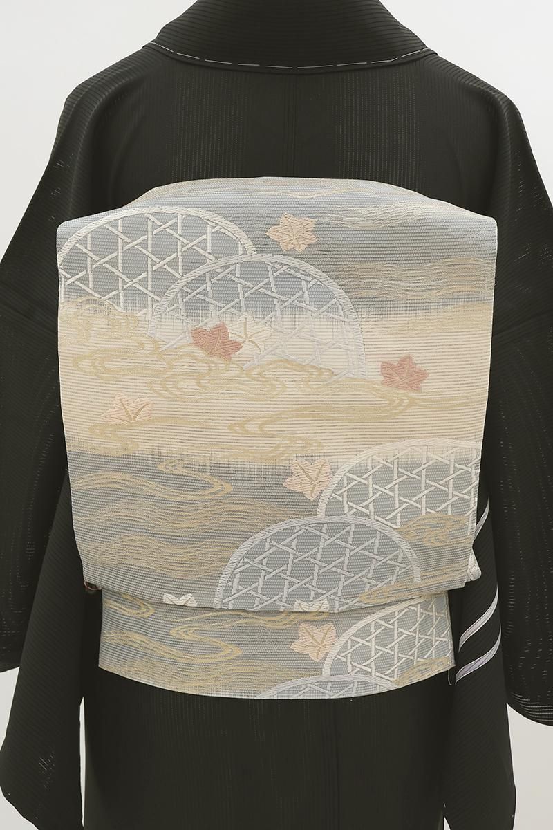 夏帯 袋帯 絽綴れ 霞模様に花柄 青白磁色 O-3708