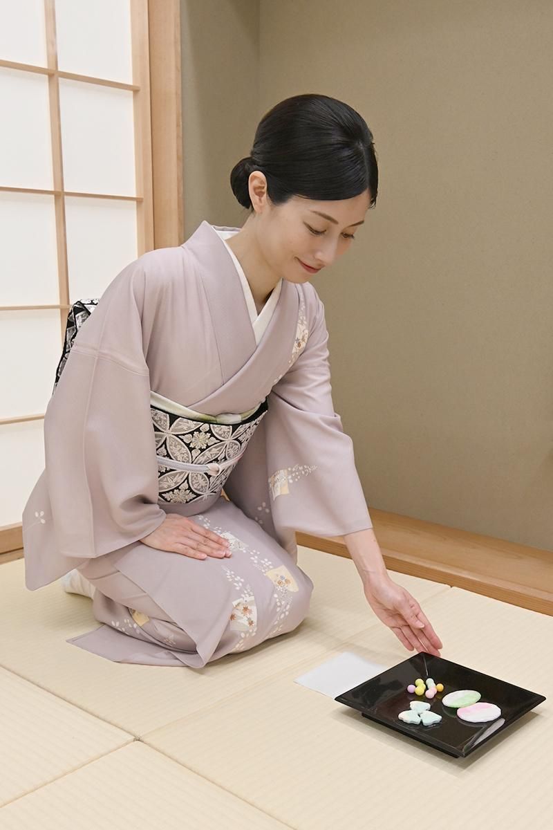 あおき【B-4162】絽 付下げ 淡い梅鼠色 色紙や萩の図 :身丈163.5