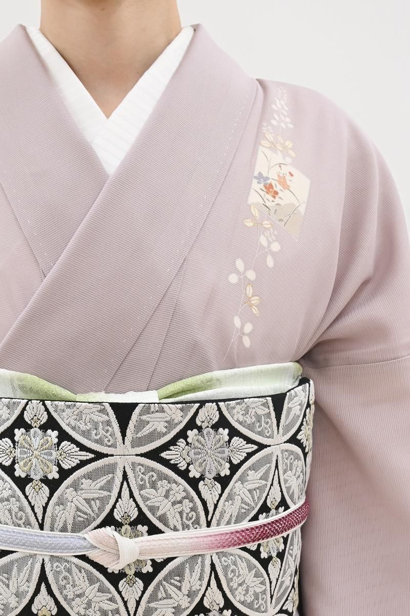 あおき【B-4162】絽 付下げ 淡い梅鼠色 色紙や萩の図 :身丈163.5