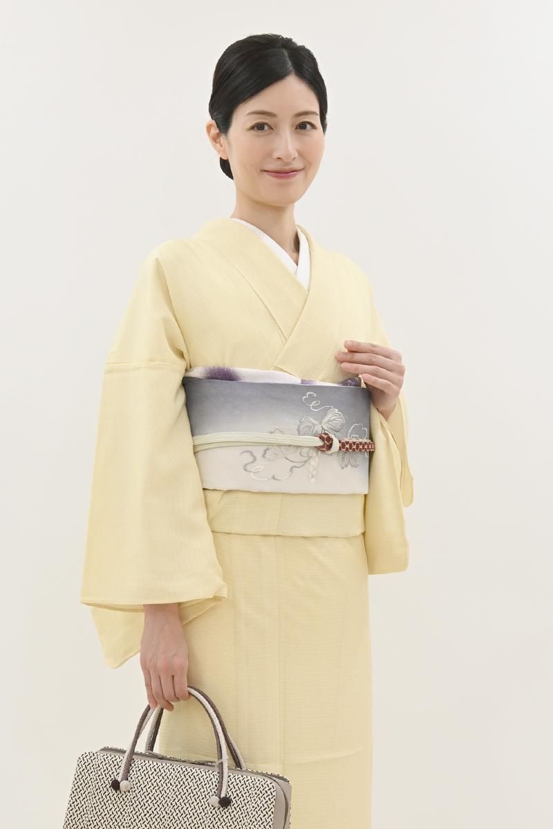 銀座【L-8296】夏 刺繍 袋帯 乳白色×鳩羽紫色 葡萄の図 - 銀座