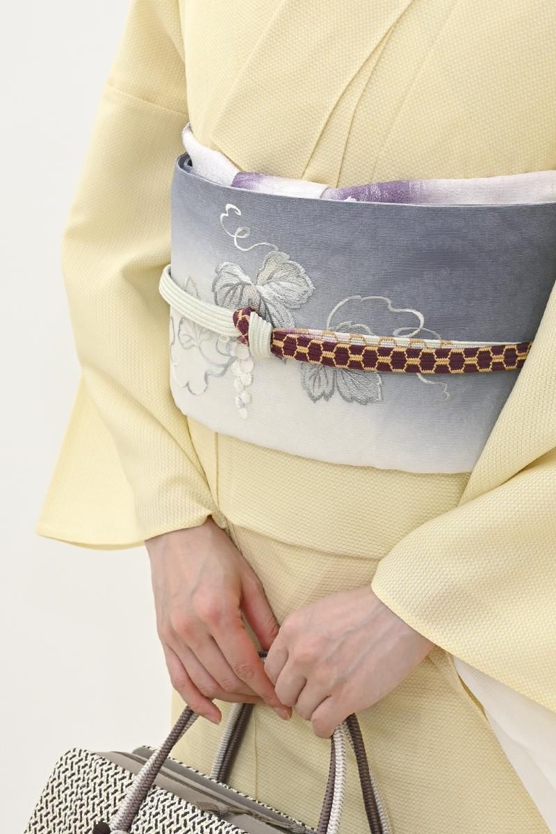 銀座【L-8296】夏 刺繍 袋帯 乳白色×鳩羽紫色 葡萄の図 - 銀座