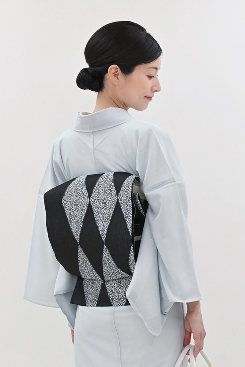 限定版 銀座【L-8299】西陣 菱文（証紙付 黒色 袋帯 夏 洛陽織物製 着物・浴衣