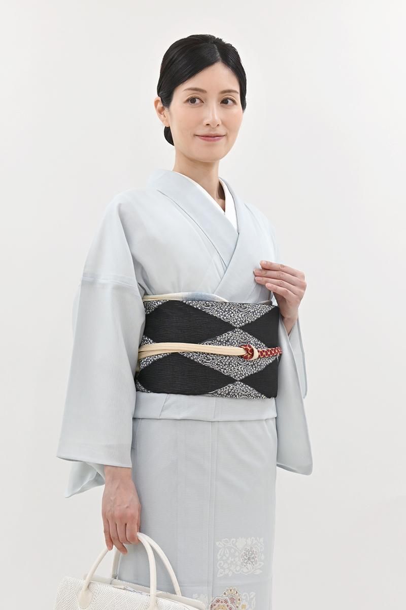 銀座【L-8299】西陣 洛陽織物製 夏 袋帯 黒色 菱文（証紙付