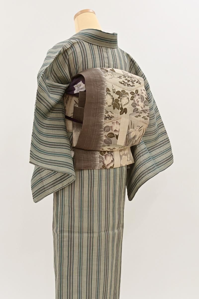未着用 作家もの 名古屋帯 紬 縦縞 市松 くすみカラー 着物 044a d