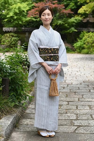 銀座【K-7421】博多織 八寸名古屋帯 深い青鈍色 縞に唐草文