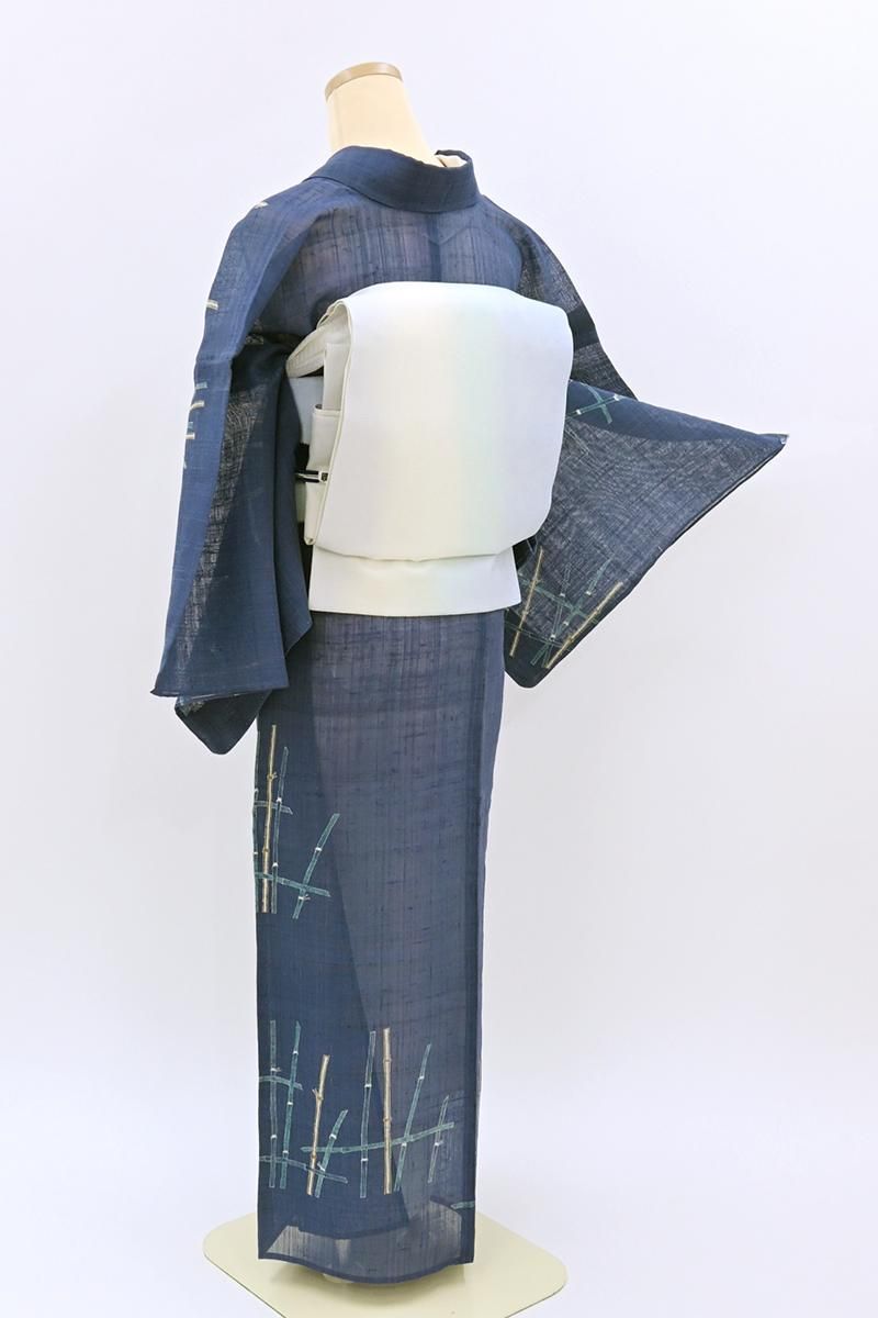 銀座【B-4181】夏紬地 付下げ 瑠璃色 竹垣に網干の図（銀座秀粋扱い