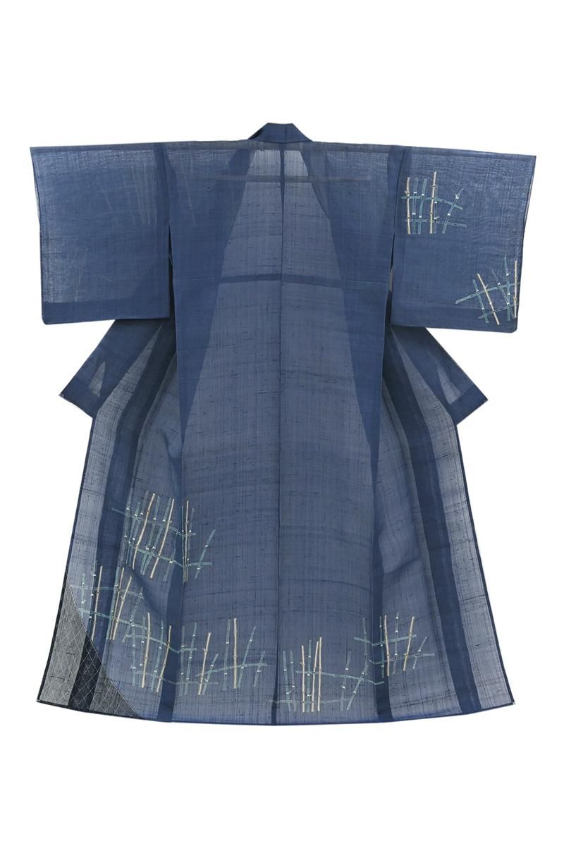 銀座【B-4181】夏紬地 付下げ 瑠璃色 竹垣に網干の図（銀座秀粋扱い