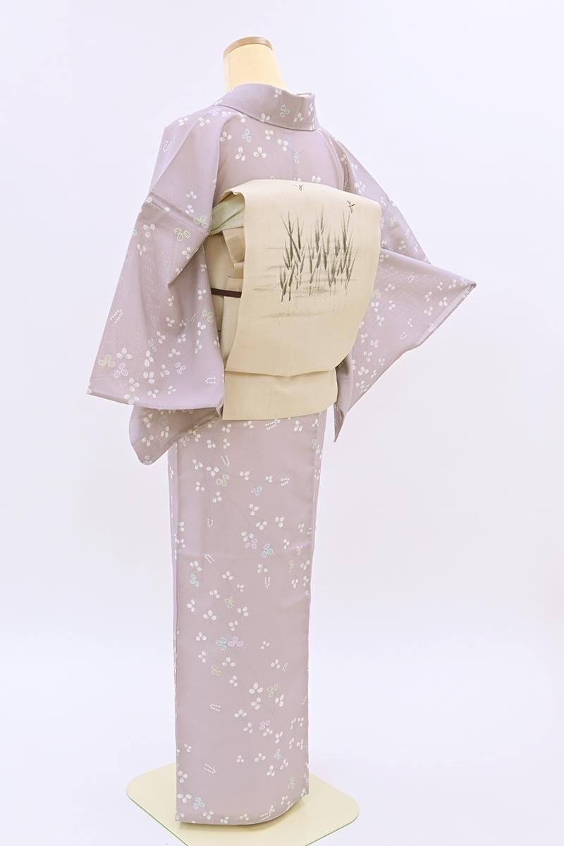 未着用 小紋 夏用 絽 洗える着物 ブルー系 リーフ 萩 着物 055w