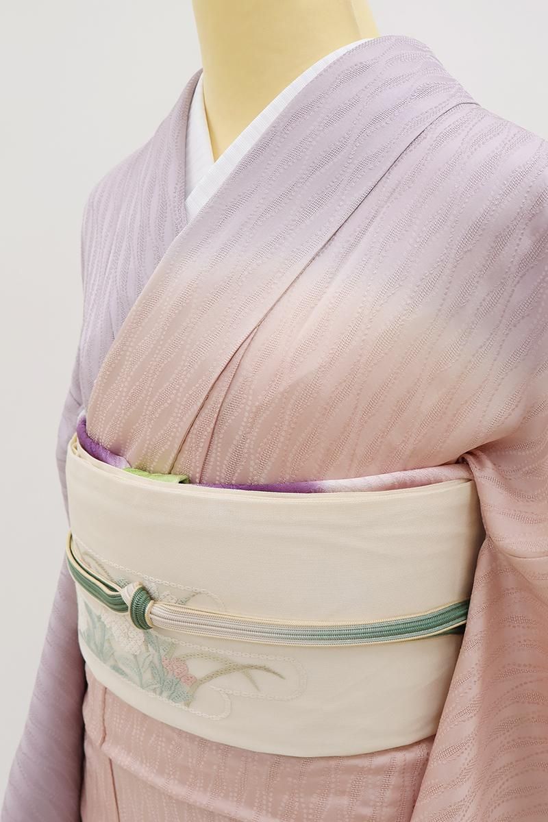 波織 よろけ縞模様 金銀糸 紫 全通 正絹 薄物 夏用 絽 紗 袋帯