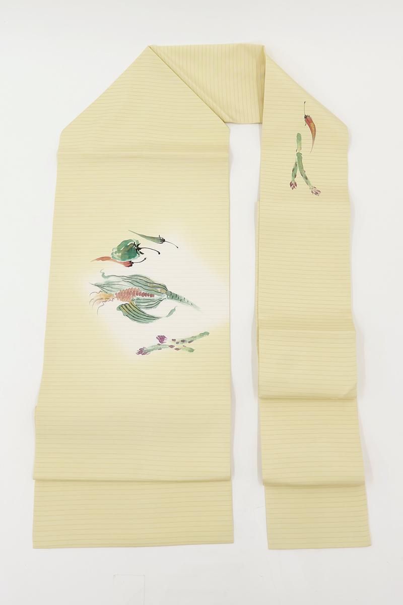 美品 夏着物 絽“アスパラガスグリーン色の空でお茶会を♪”夏なごや帯 G-16 銀座【H-0618】絽塩瀬地 染名古屋帯 蒸栗色 夏野菜の図 - 銀座