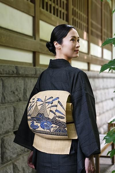 あおき【帯5679】自然布 本紅型 八寸名古屋帯