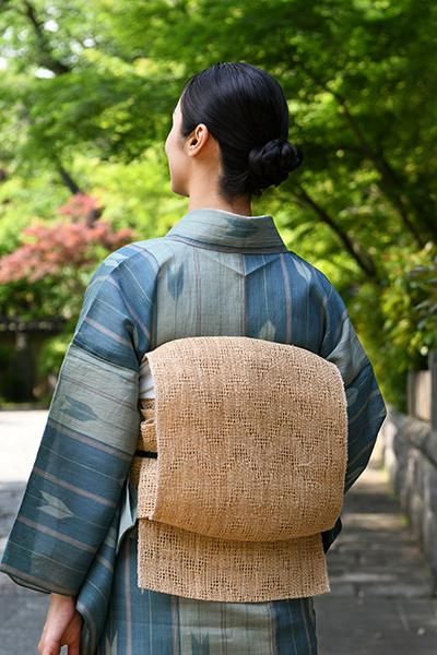 4k2007 名古屋帯　絹　夏物　夏帯　羅　三越　青　緑　黄色　柄物　和装　着物 名古屋帯 絹 夏帯 夏物 青 柄物 和装 4k2007 名古屋帯絹夏物夏帯