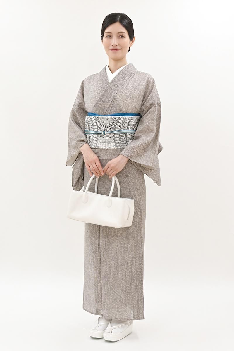 銀座【C-3223】絽 江戸小紋 桜鼠色 竹縞（反端付） :身丈161.5/裄66.5