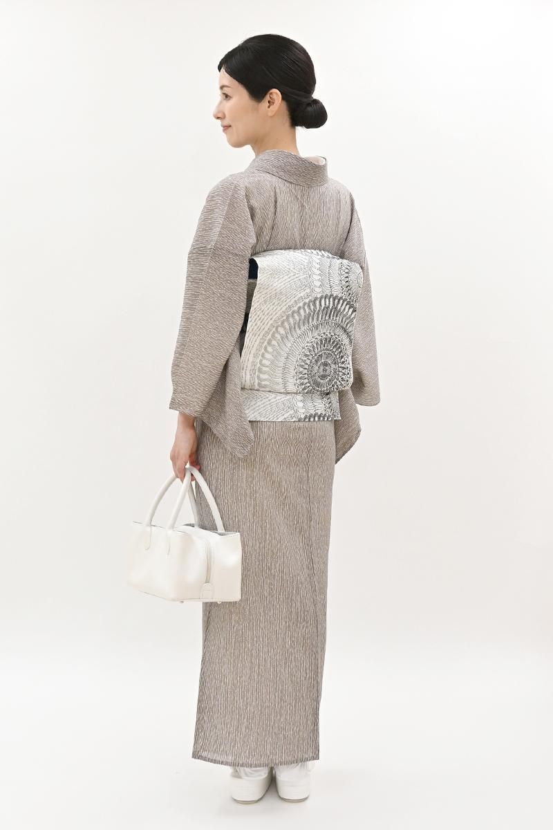 銀座【C-3223】絽 江戸小紋 桜鼠色 竹縞（反端付） :身丈161.5/裄66.5