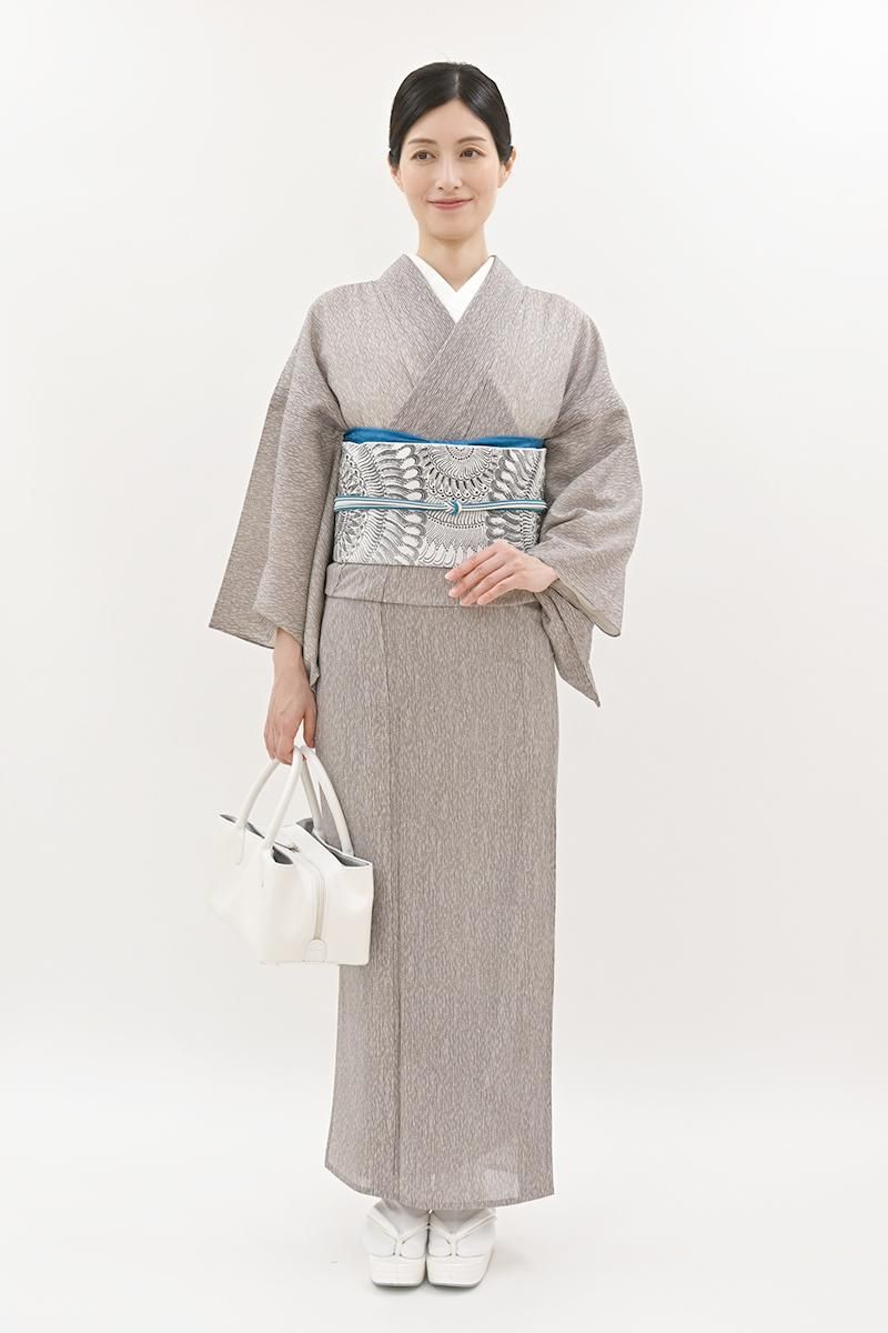 銀座【C-3223】絽 江戸小紋 桜鼠色 竹縞（反端付） :身丈161.5/裄66.5