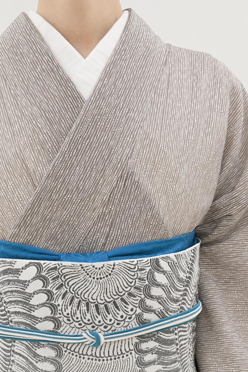 銀座【C-3223】絽 江戸小紋 桜鼠色 竹縞（反端付） :身丈161.5/裄66.5