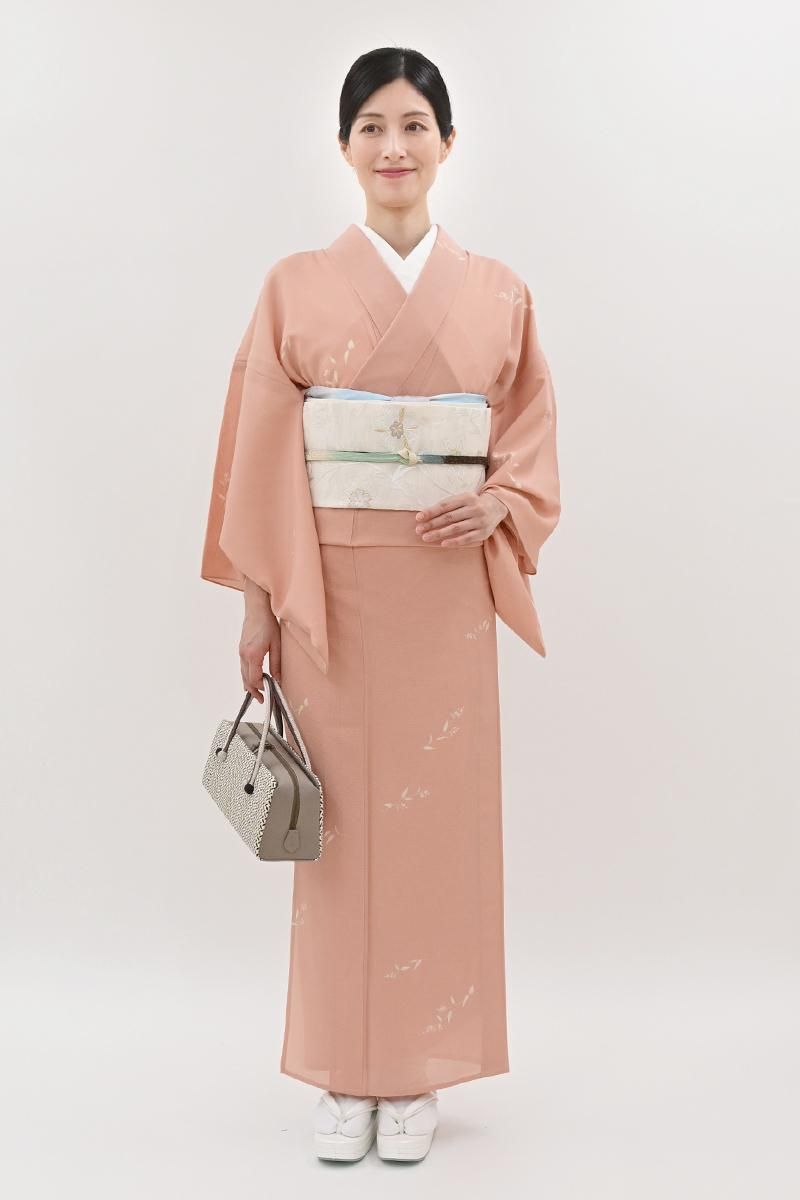 あおき【D-3846】絽 小紋 鮭色 花の図 :身丈162/裄66 - 銀座きもの青木