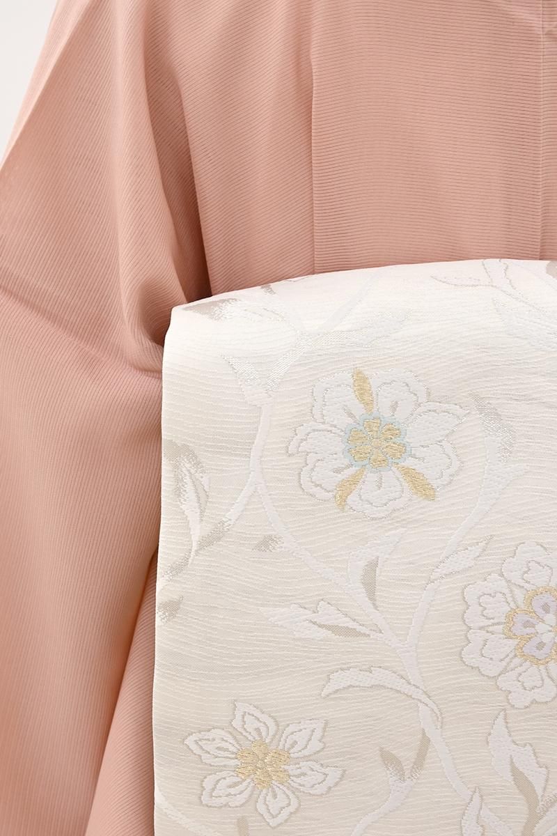 銀座【H-0604】西陣製 夏 織名古屋帯 白色 花唐草文（紙札付）（N