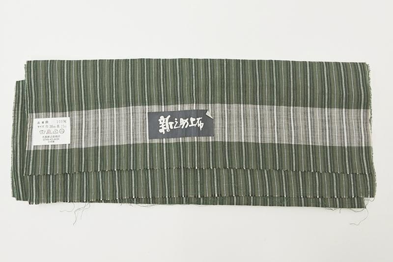 銀座【A-4137】新之助上布 麻縮 老緑色 竪縞（反端付） :身丈166/裄72