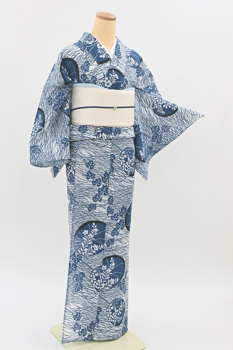 銀座【D-3870】竺仙製 綿紅梅 浴衣 コバルトブルー色×白色 団扇
