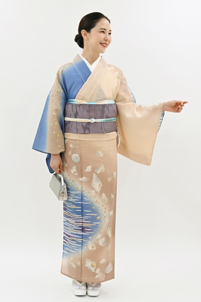紗　訪問着　染め分け　薄物 銀座【B-4187】五月みどり監修 薄物 訪問着 赤白橡色 裾暈かしに