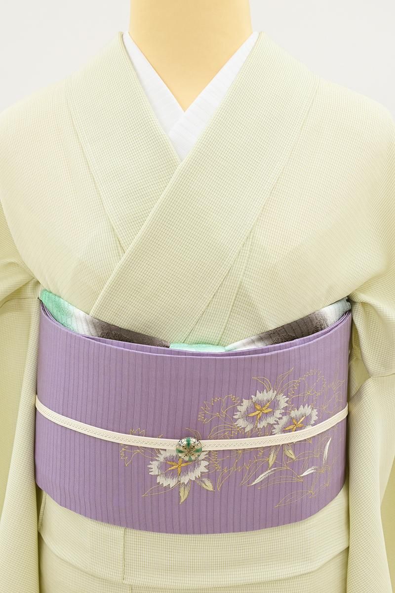 あおき【H-0642】絽塩瀬地 染名古屋帯 若紫色 撫子の図 - 銀座きもの