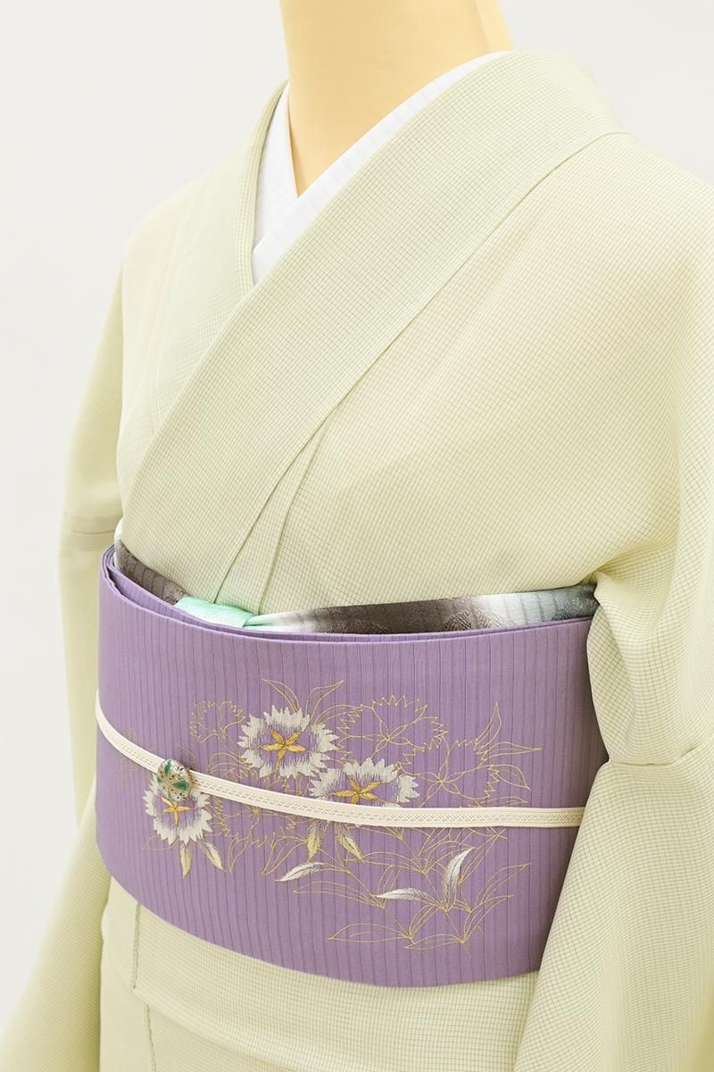 あおき【H-0642】絽塩瀬地 染名古屋帯 若紫色 撫子の図 - 銀座きもの