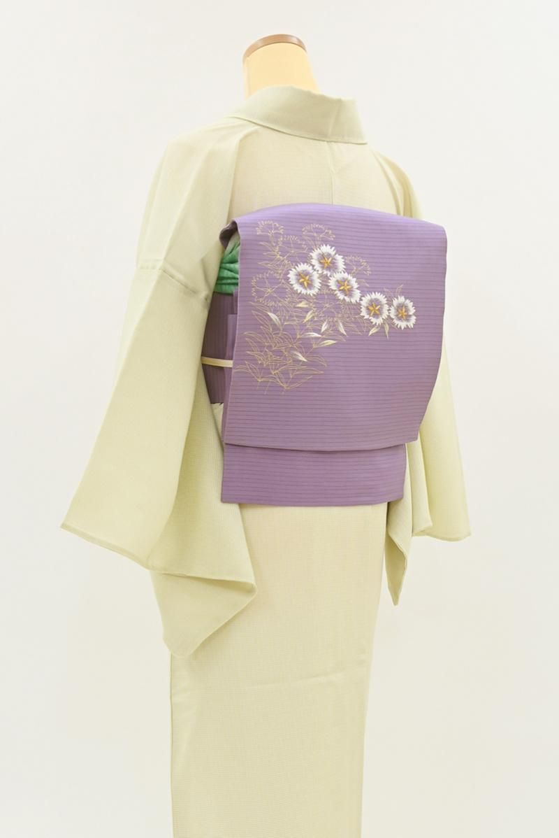 あおき【H-0642】絽塩瀬地 染名古屋帯 若紫色 撫子の図 - 銀座きもの