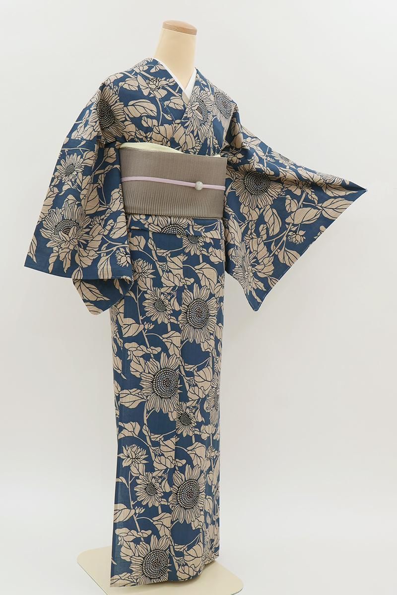 着物帯入り皿　希少品 あおき【D-3879】竺仙製 奥州小紋 コバルトブルー色 ひまわりの