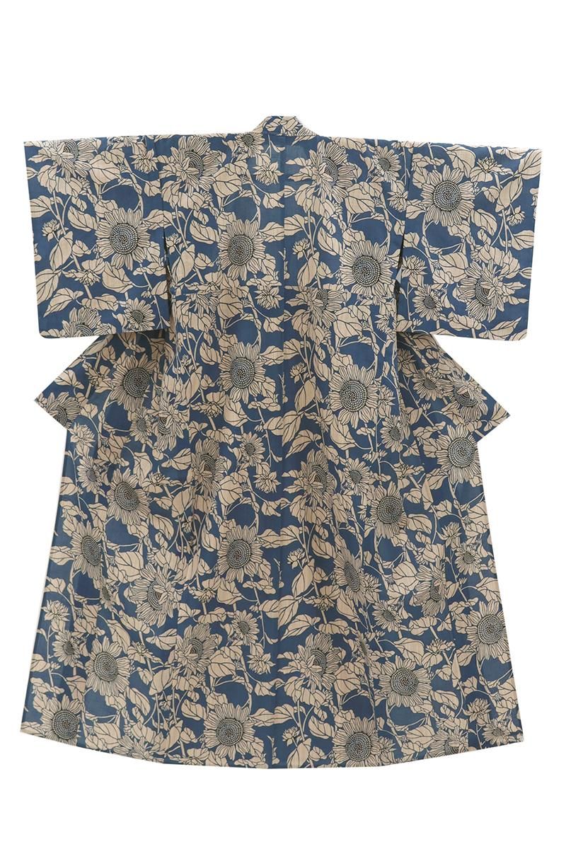 あおき【D-3879】竺仙製 奥州小紋 コバルトブルー色 ひまわりの図（反