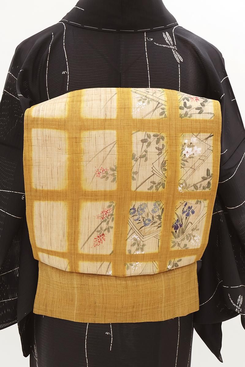 あおき【H-0655】手描き友禅 桐山紫香作 麻地 染名古屋帯 桑色 格子に冊子や秋草文（落款入）