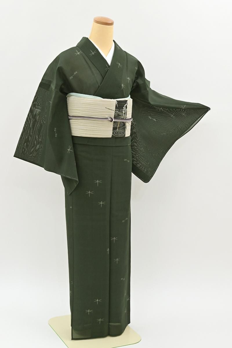 銀座【A-4140】本場夏琉球絣 オリーブグリーン色 蜻蛉の図（反端付） :身丈160.5/裄67/細め