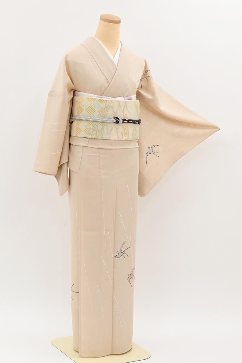 あおき【B-4202】絽 付下げ 淡い赤白橡色 燕の図（反端付）（N）  :身丈160.5/裄67.5