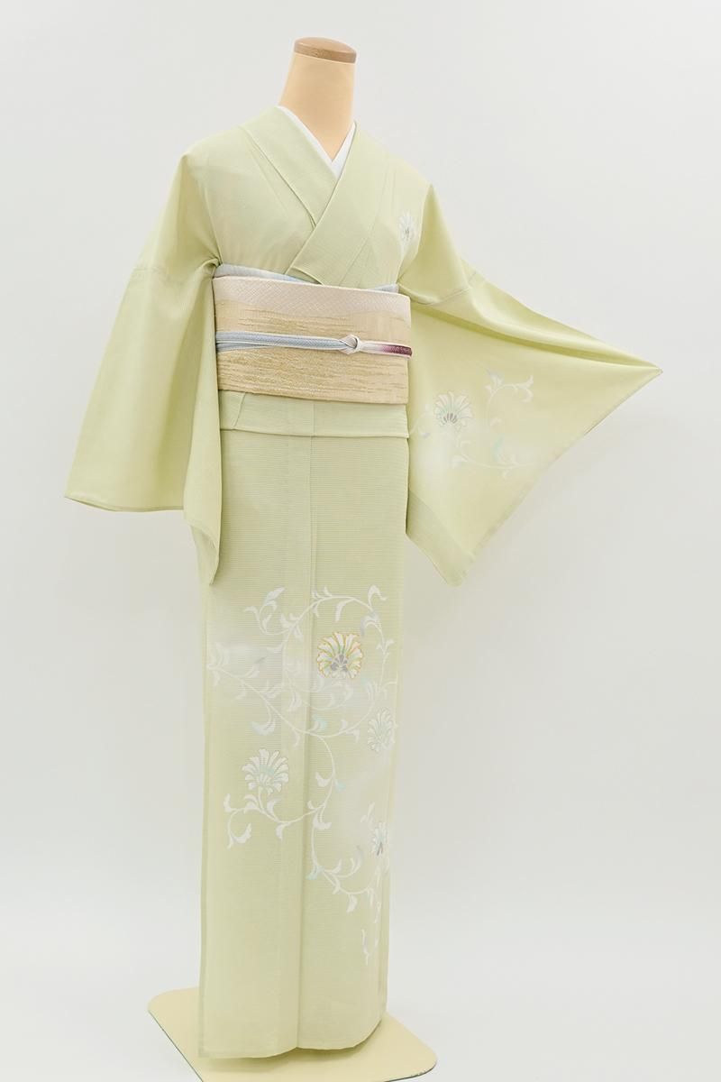 あおき【B-4203】絽 付下げ ねこやなぎ色 花唐草文（反端付）（N） :身丈166/裄68