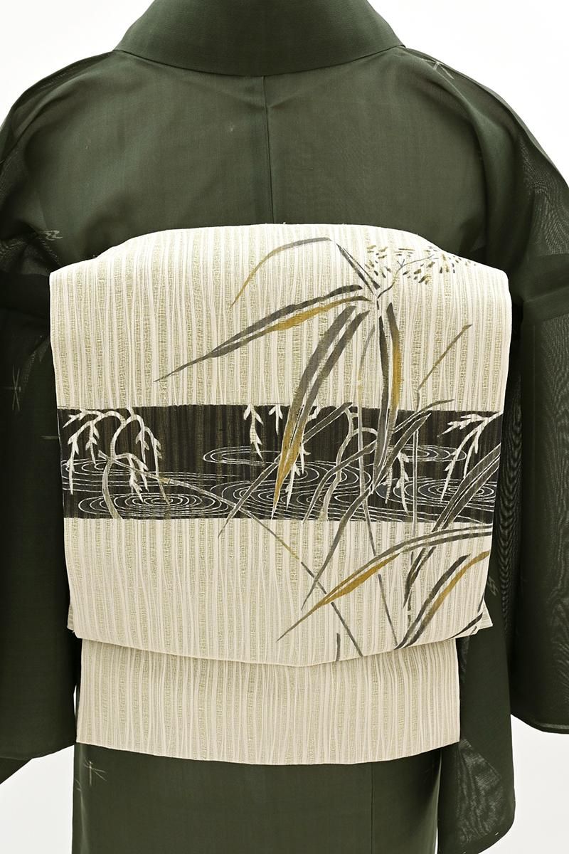 あおき【H-0663】夏 染名古屋帯 青白橡色 流水に植物の図