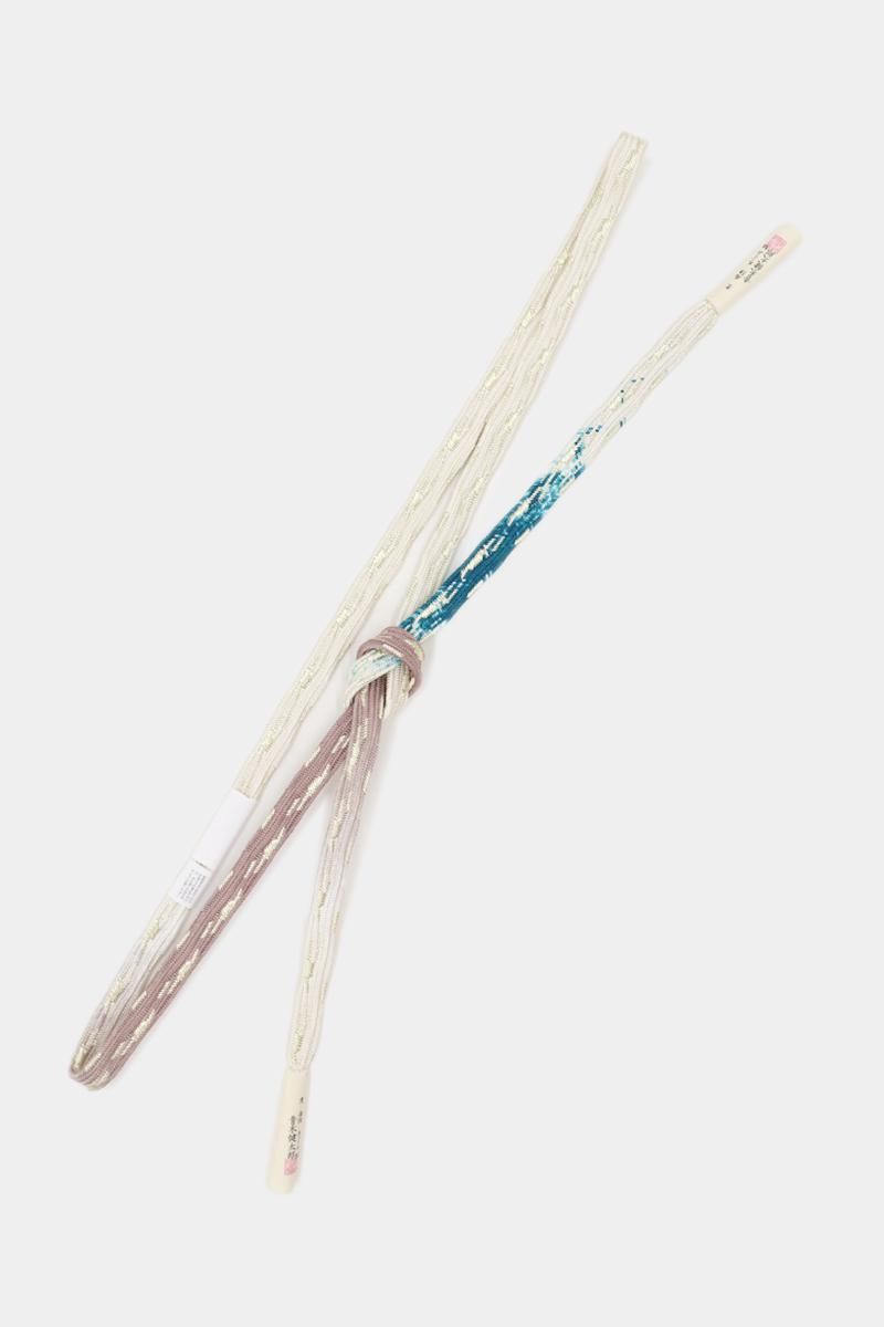 【J-091】衿秀製 手組帯締め 変わり貝の口組 白色×淡い梅鼠色×浅葱色 三色暈かし