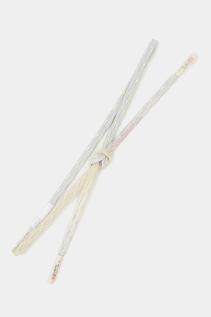 【J-094】衿秀製 手組帯締め 変わり貝の口組 乳白色×薄紅藤色×淡い青藤色 三色暈かし