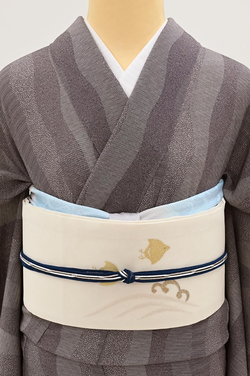 銀座【H-0666】紗 織名古屋帯 白色 網干に千鳥の図 - 銀座きもの