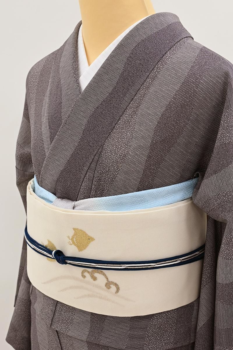 付け帯　作り帯　正絹　魚　干物　青海波　七宝　檜垣　着物　063t 銀座【H-0666】紗 織名古屋帯 白色 網干に千鳥の図 - 銀座きもの