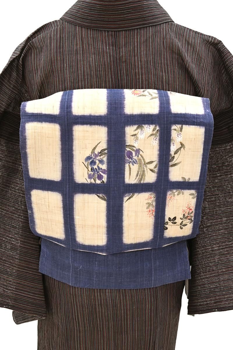 あおき【H-0668】手描き友禅作家 桐山紫香 麻地 染名古屋帯 クリーム色×群青色 格子に秋草の図（落款入）