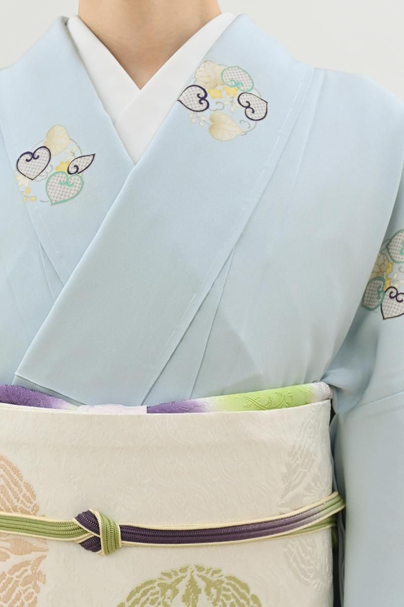 銀座【D-3881】単衣 小紋 淡いわすれなぐさ色 葵の丸（反端付