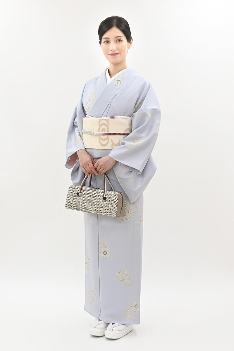 あおき【D-3882】単衣 小紋 明るい青藤色 植物の丸文（反端付）（N）  :身丈160.5/裄68