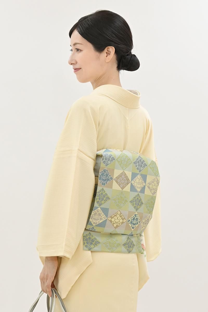 銀座【H-0656】西陣 川島織物製 開き織名古屋帯 若苗色 市松に花菱文