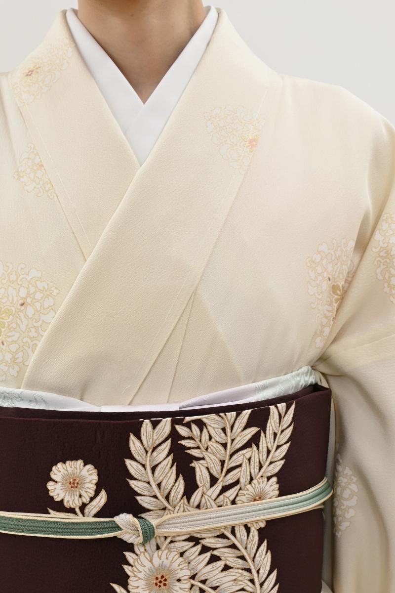 銀座【D-3885】単衣 小紋 鳥の子色 装飾花文（反端付）（N