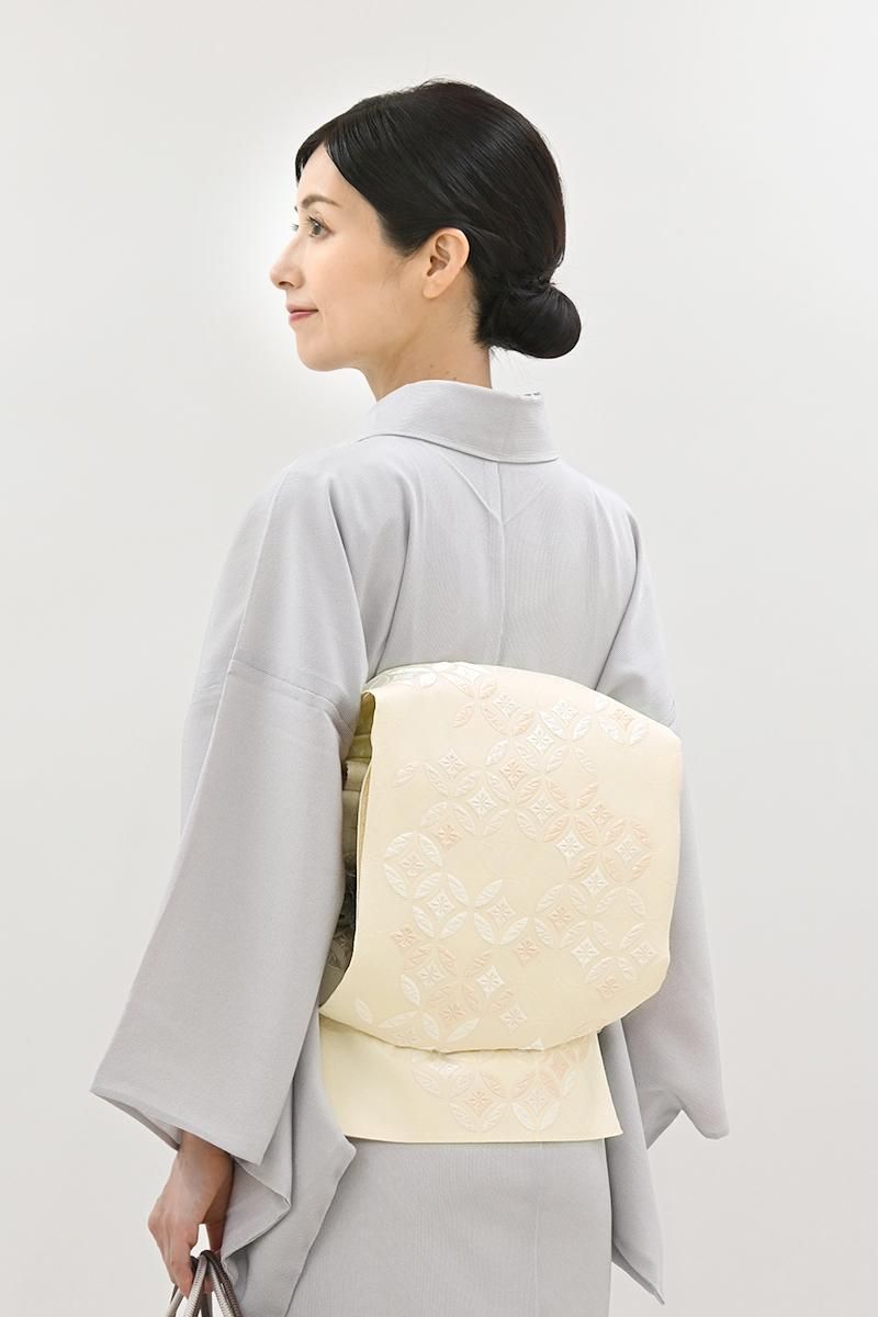 銀座【L-8347】西陣製 袋帯 淡い薄香色 七宝文（証紙付）