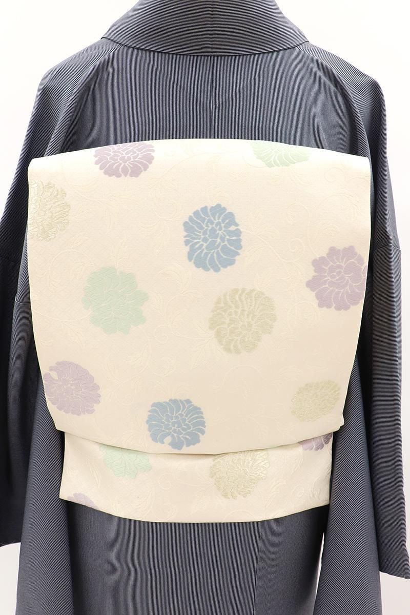 あおき【H-0269-2】西陣製 織名古屋帯 鳥の子色 牡丹唐草文（紙札付）（N)