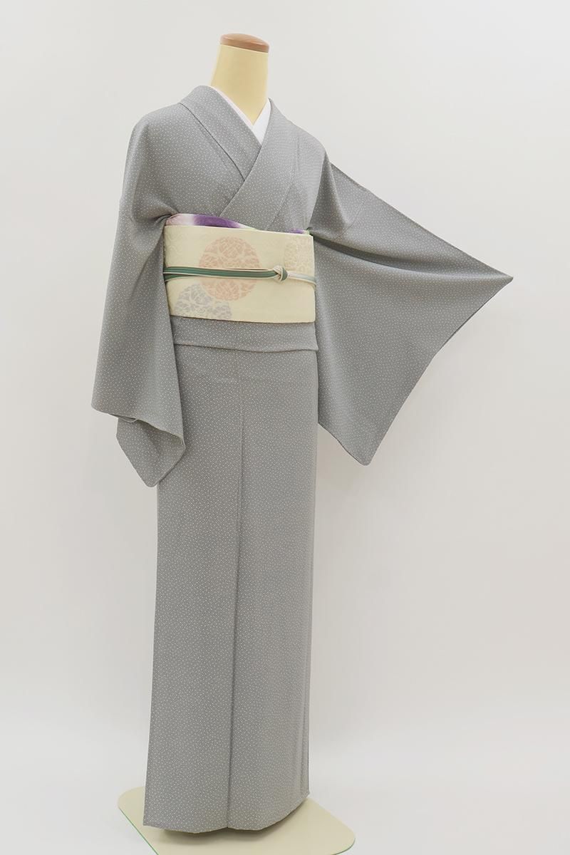 あおき【C-3232】伝統工芸士 三橋観雪作 単衣 江戸小紋 淡い鳩羽鼠色 大小霰（落款入） :身丈164/裄65.5/広め