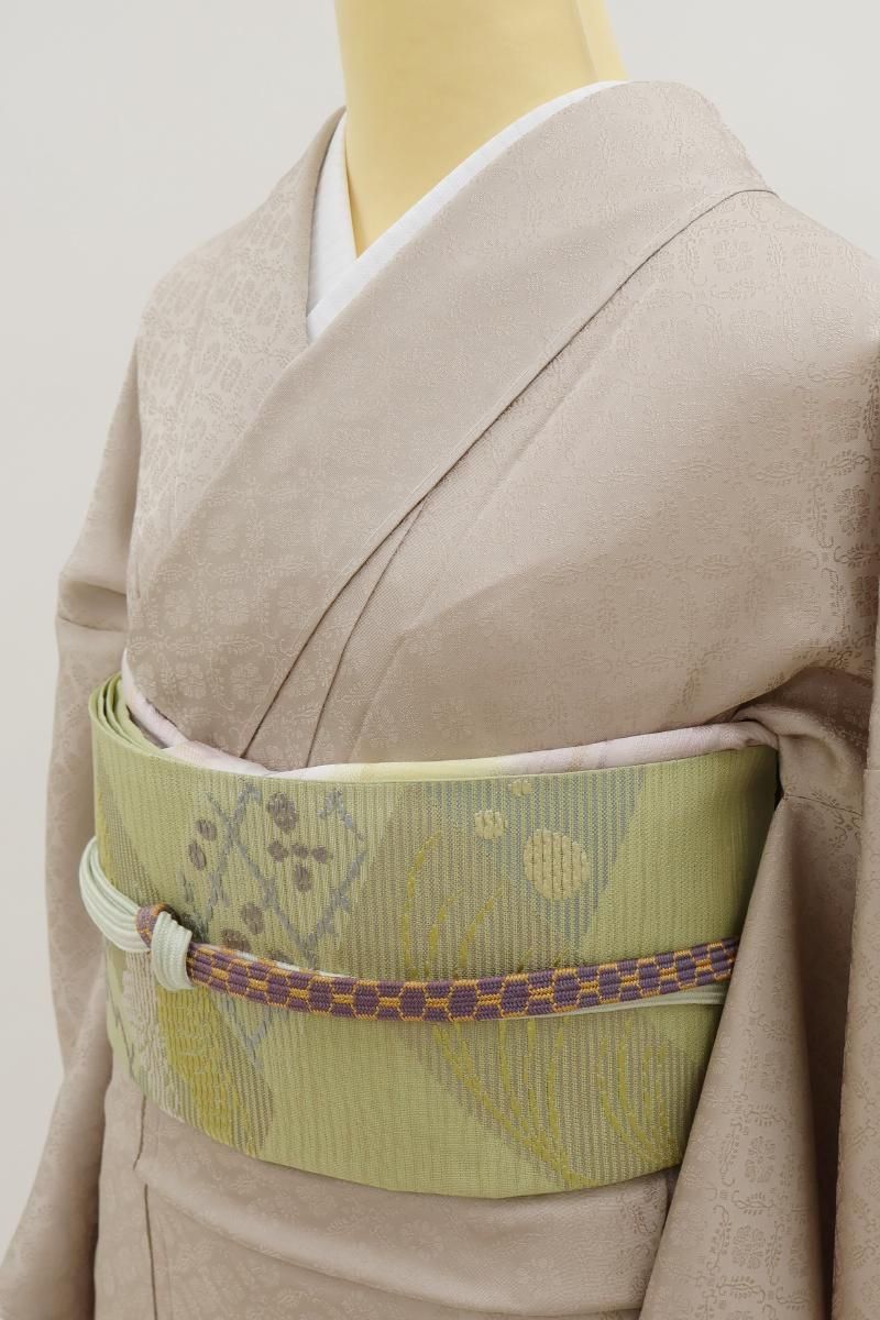銀座【L-8352】西陣 川島織物製 絽 本袋帯 淡い柳葉色 幾何文に
